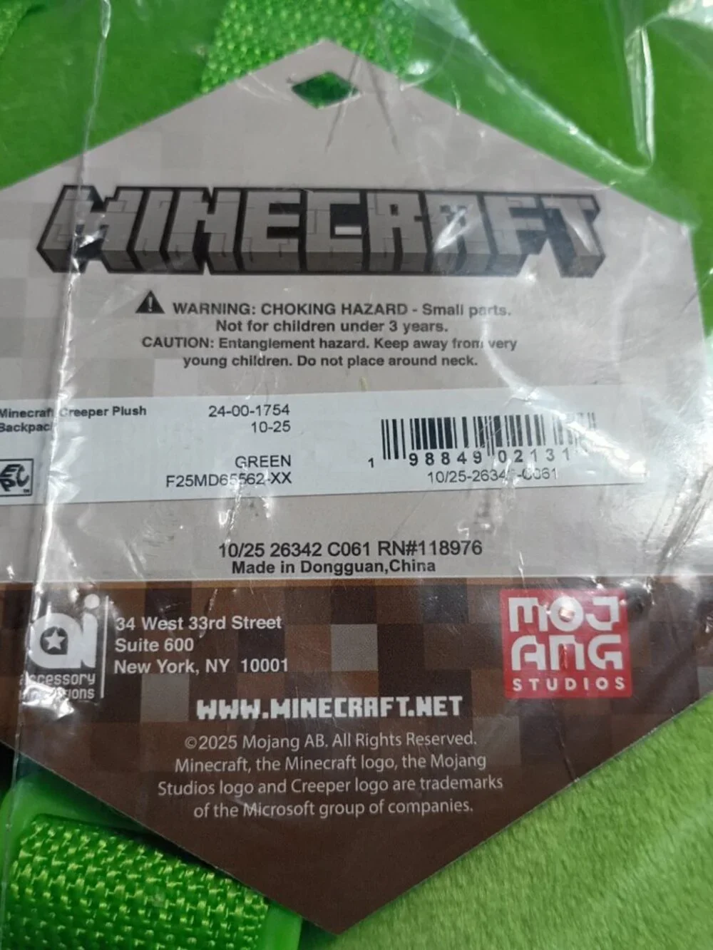 Minecraft Creeper Plush Backpack 24-00-1754 Kids Bag Green Mojang Studios